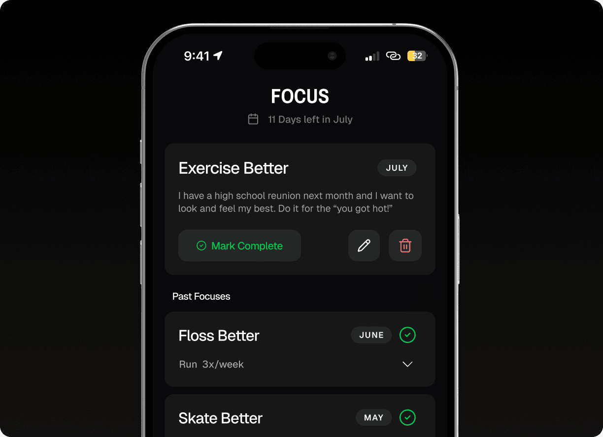 Monthly focus screen showing the Exercise Better goal and past focuses